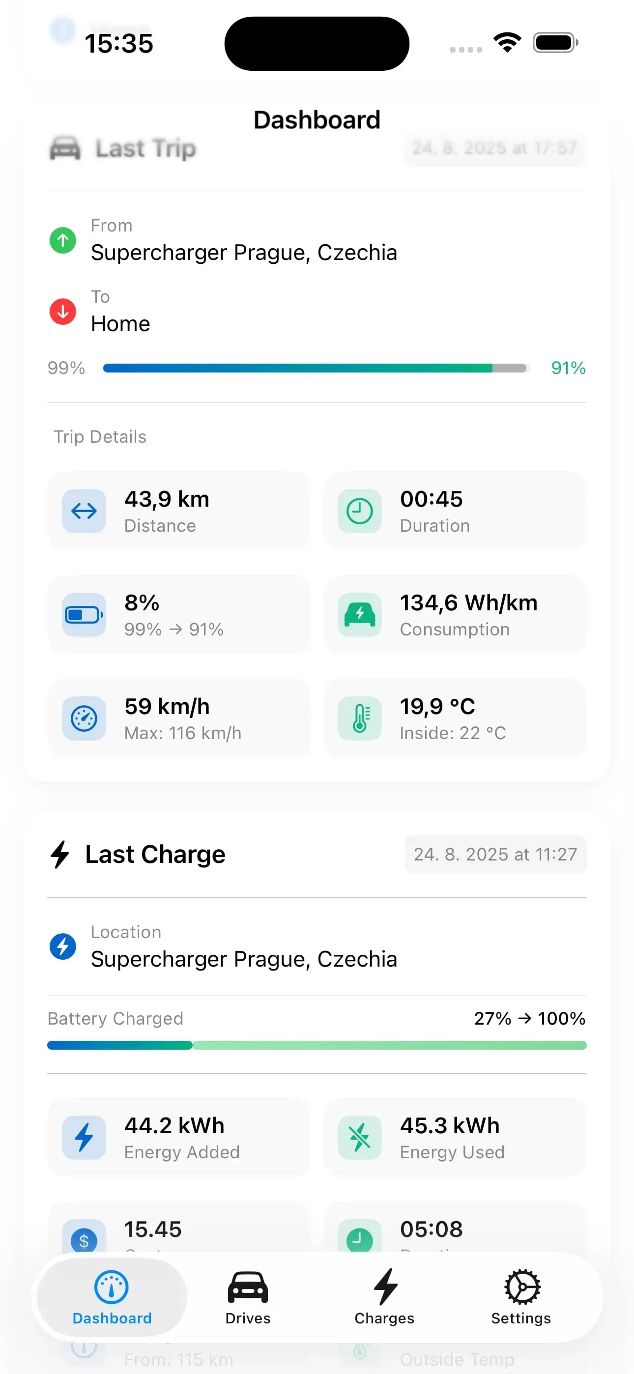 HedgieMate iOS app - Tesla driving statistics and efficiency metrics on iPhone