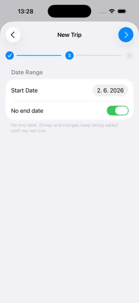 Viaje de HedgieMate sin fecha de fin que se completa automáticamente mientras conduces, con las etiquetas Próximo y En curso