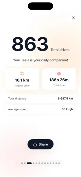Pantalla Rewind de HedgieMate con el resumen anual del Tesla en formato tipo Wrapped, con estadísticas, logros e hitos