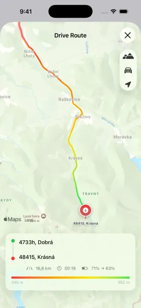 Visualización de ruta de HedgieMate con el viaje del Tesla coloreado por altitud, con un degradado que marca los cambios de elevación