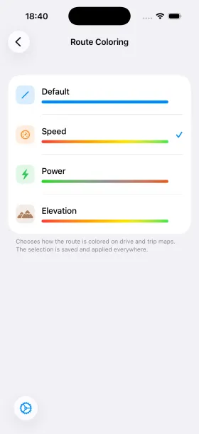 Visualización de ruta de HedgieMate con el viaje del Tesla coloreado por velocidad, en rojo los tramos lentos y en verde los rápidos