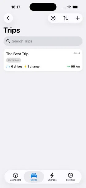 Lista de viajes de HedgieMate con trayectos recientes, fecha, distancia, consumo y eficiencia
