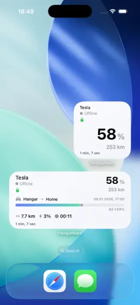 Widgets pequeño y mediano de HedgieMate en la pantalla de inicio mostrando el porcentaje de batería, la autonomía y la última actualización del Tesla