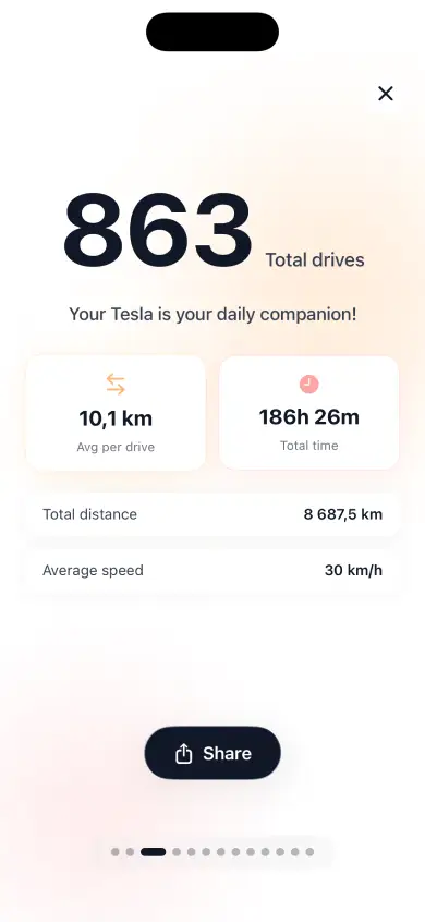 HedgieMate Rewind year in review screen showing Tesla driving statistics, achievements and milestones in Wrapped-style visual story