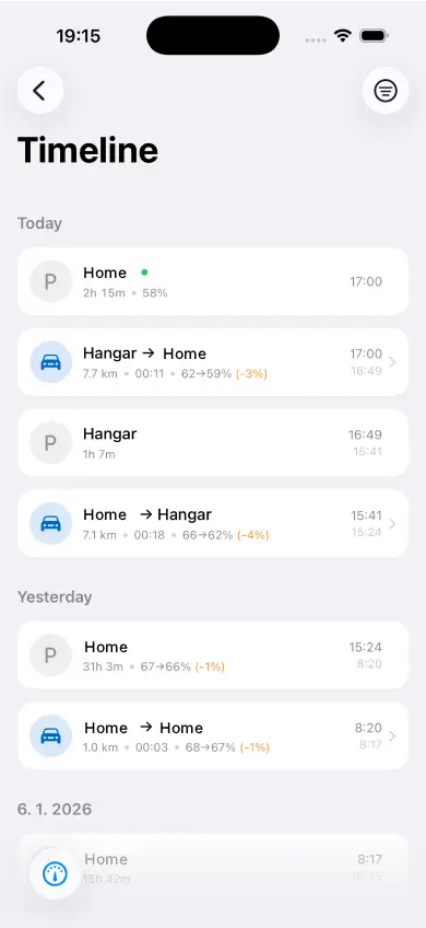 HedgieMate Timeline detail view showing parking duration, location, and vampire drain energy loss