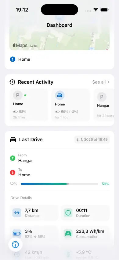 HedgieMate Timeline view listing parking sessions and charging events with timestamps and battery changes