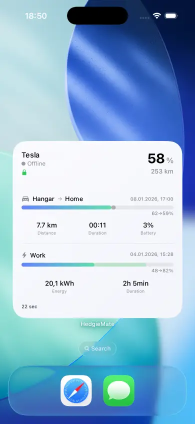HedgieMate large Home Screen widget showing Tesla battery level, range, and recent trip summary with distance and efficiency
