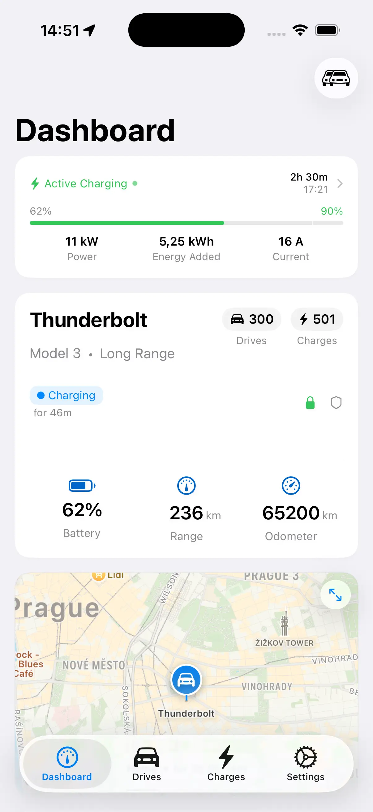 HedgieMate vista de sessão de carregamento em tempo real com gráfico de potência para Tesla