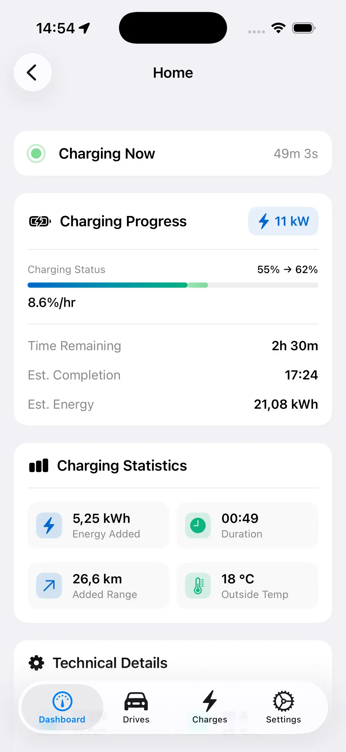 HedgieMate sessão de carregamento com gráfico interativo de nível de bateria a acompanhar o progresso do carregamento