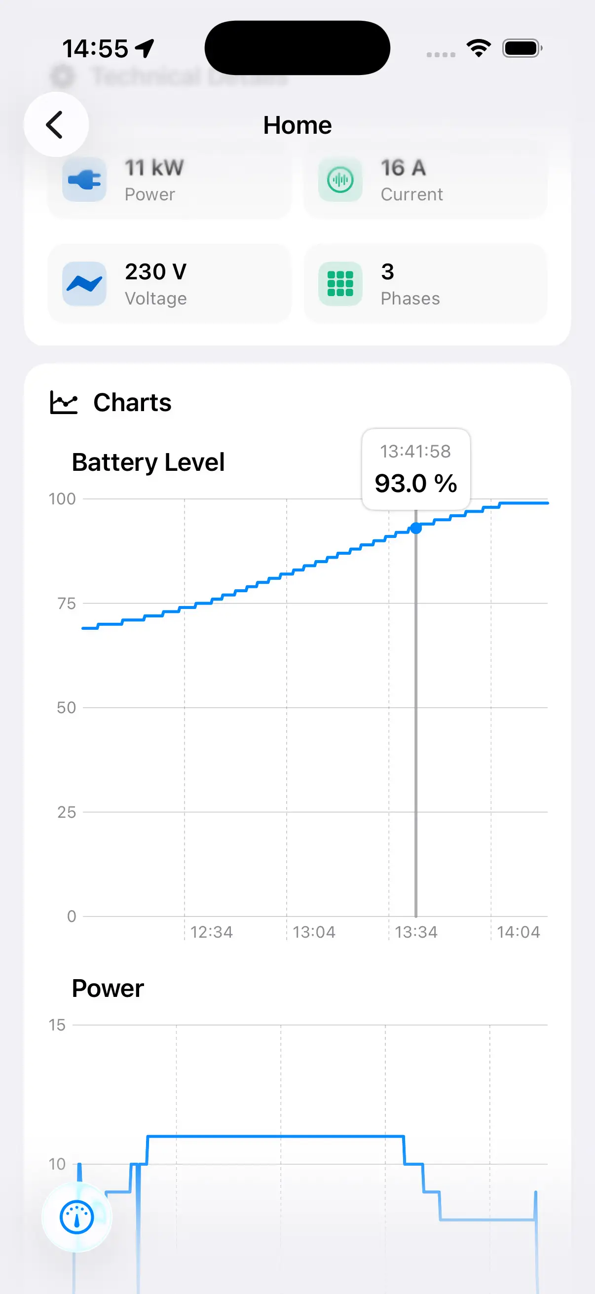 HedgieMate monitorização de carregamento em tempo real com estatísticas de potência e energia durante o carregamento Tesla